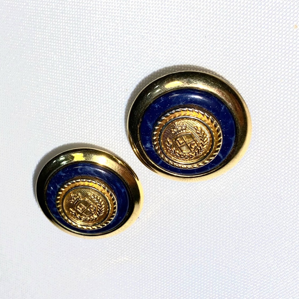 Liz Claiborne Blue Pierced Stud Earrings Vintage Dark Navy Emblem Buttons